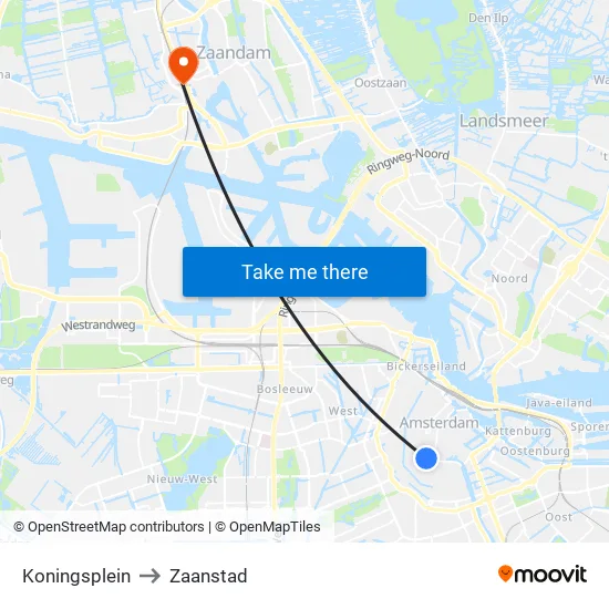 Koningsplein to Zaanstad map