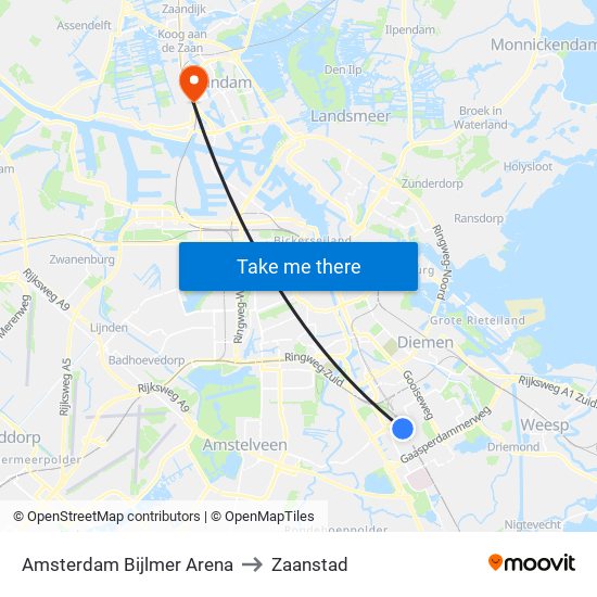 Amsterdam Bijlmer Arena to Zaanstad map