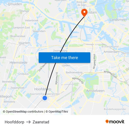 Hoofddorp to Zaanstad map