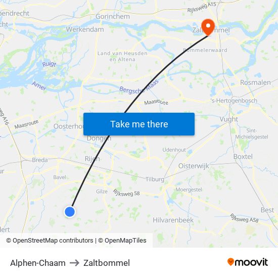 Alphen-Chaam to Zaltbommel map