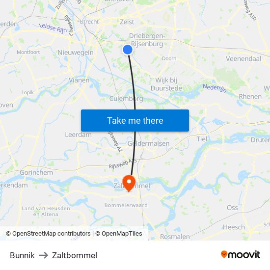 Bunnik to Zaltbommel map