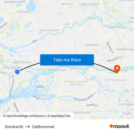 Dordrecht to Zaltbommel map