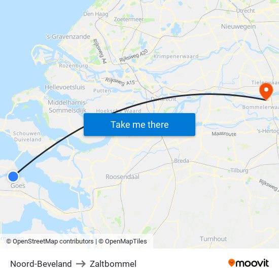 Noord-Beveland to Zaltbommel map