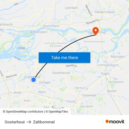 Oosterhout to Zaltbommel map