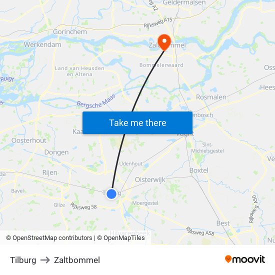 Tilburg to Zaltbommel map