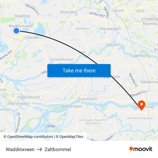 Waddinxveen to Zaltbommel map