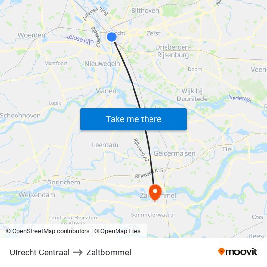 Utrecht Centraal to Zaltbommel map