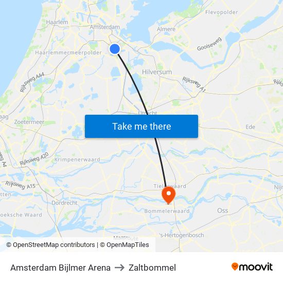 Amsterdam Bijlmer Arena to Zaltbommel map