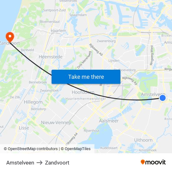 Amstelveen to Zandvoort map