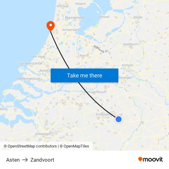 Asten to Zandvoort map