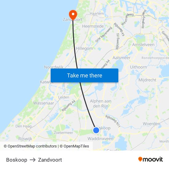 Boskoop to Zandvoort map