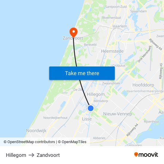 Hillegom to Zandvoort map