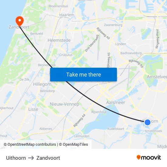 Uithoorn to Zandvoort map