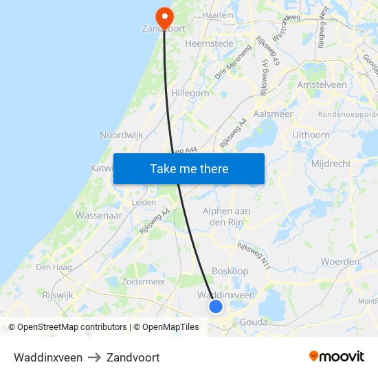 Waddinxveen to Zandvoort map