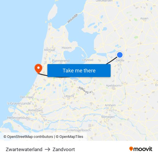 Zwartewaterland to Zandvoort map