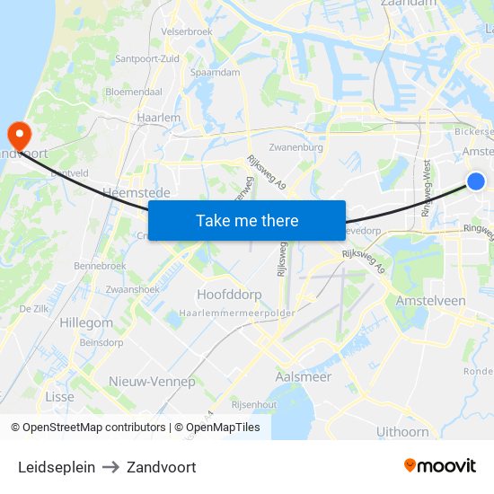 Leidseplein to Zandvoort map