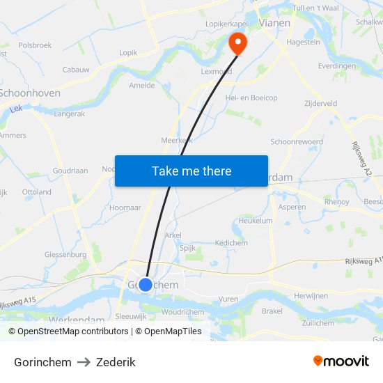 Gorinchem to Zederik map