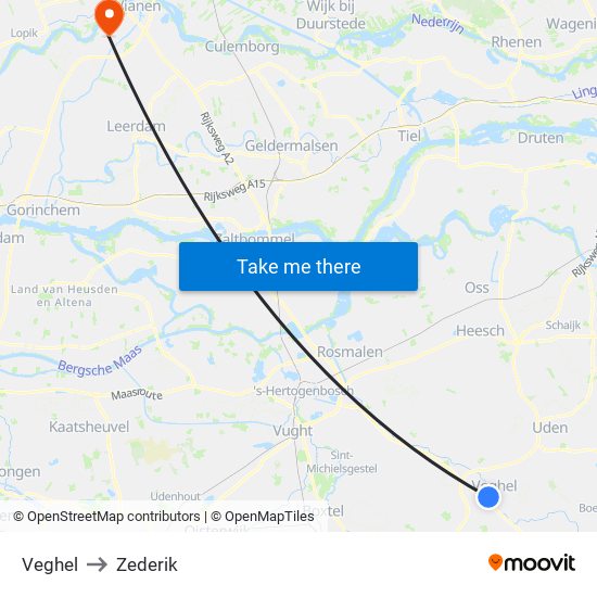 Veghel to Zederik map