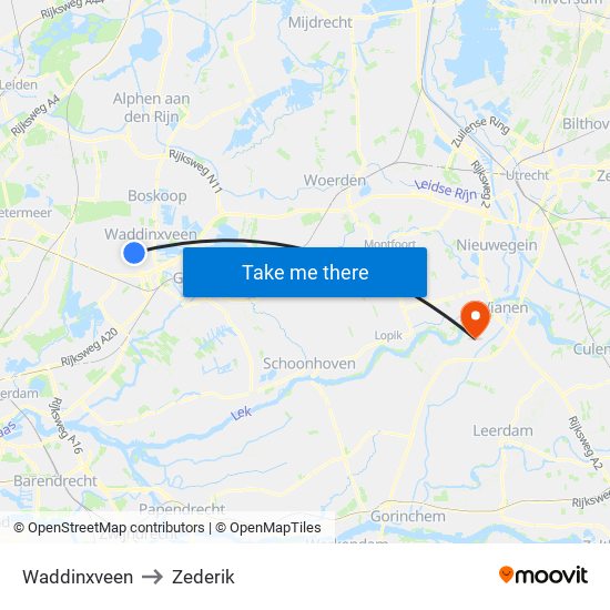 Waddinxveen to Zederik map