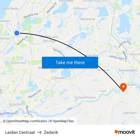 Leiden Centraal to Zederik map
