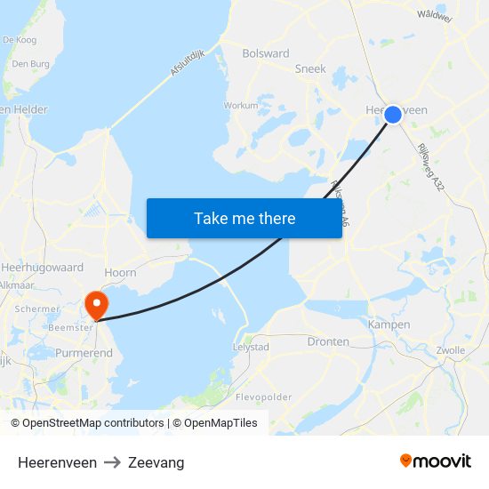 Heerenveen to Zeevang map