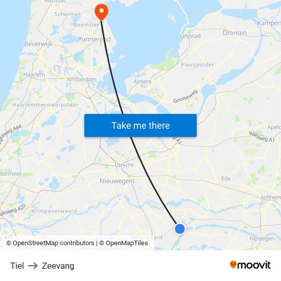 Tiel to Zeevang map