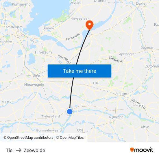 Tiel to Zeewolde map