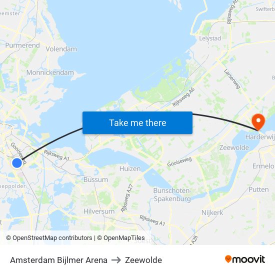 Amsterdam Bijlmer Arena to Zeewolde map