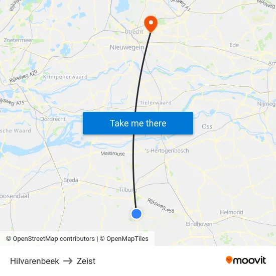 Hilvarenbeek to Zeist map