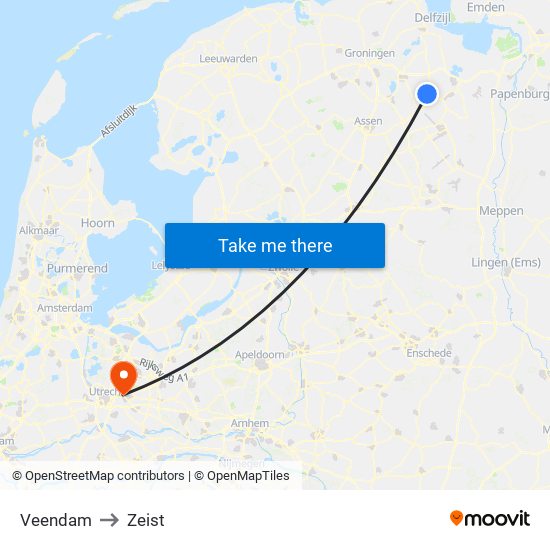 Veendam to Zeist map