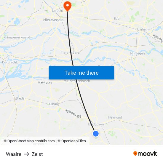 Waalre to Zeist map