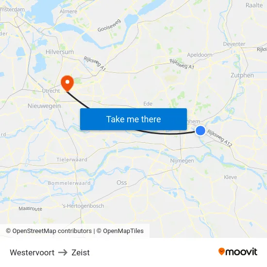 Westervoort to Zeist map