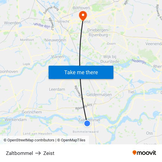 Zaltbommel to Zeist map