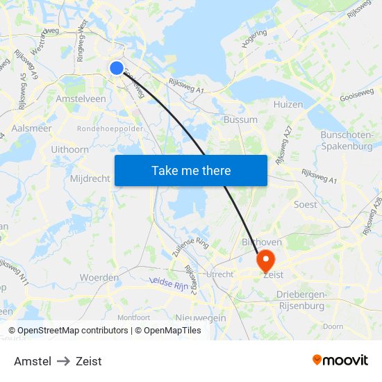 Amstel to Zeist map