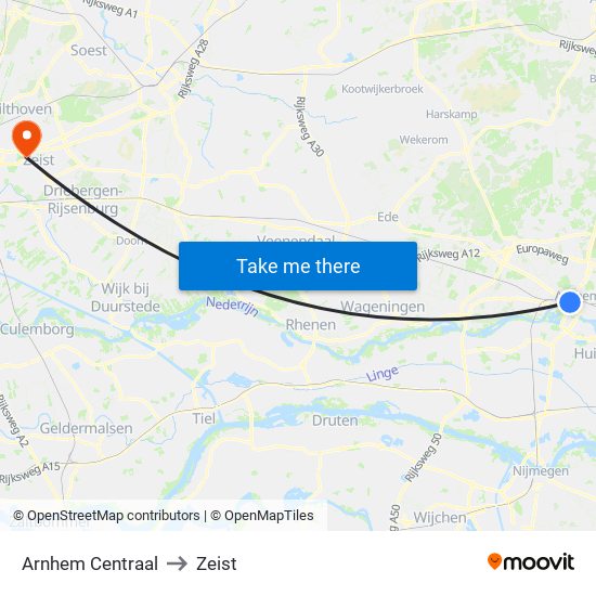 Arnhem Centraal to Zeist map