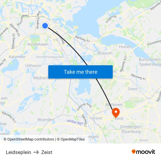 Leidseplein to Zeist map