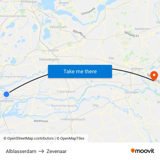 Alblasserdam to Zevenaar map