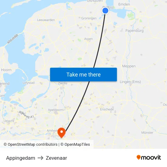 Appingedam to Zevenaar map