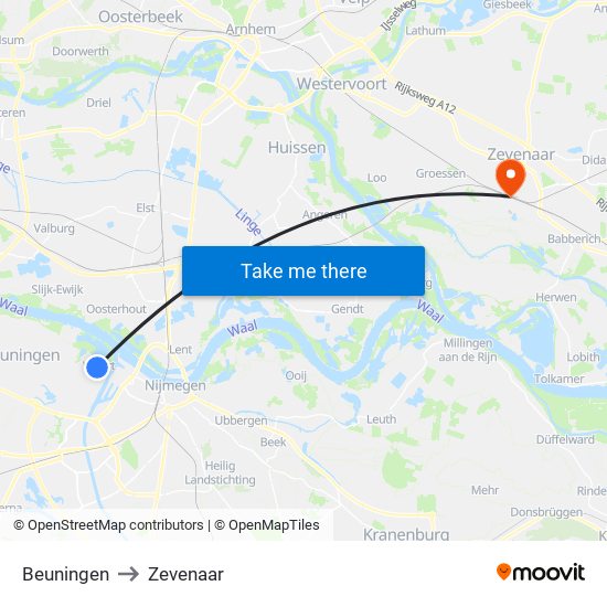 Beuningen to Zevenaar map