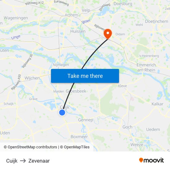 Cuijk to Zevenaar map