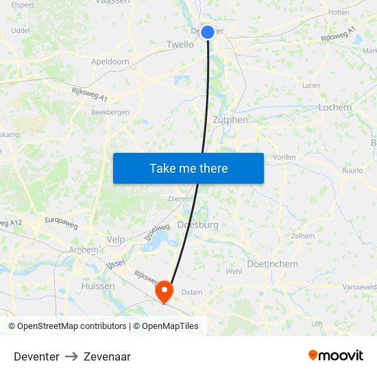 Deventer to Zevenaar map
