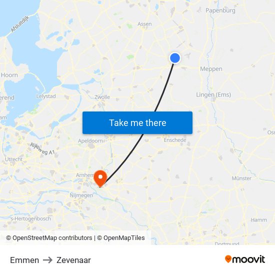 Emmen to Zevenaar map