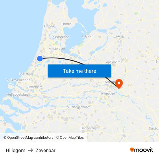 Hillegom to Zevenaar map