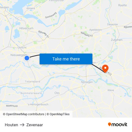 Houten to Zevenaar map