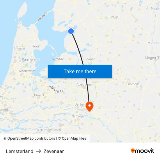 Lemsterland to Zevenaar map