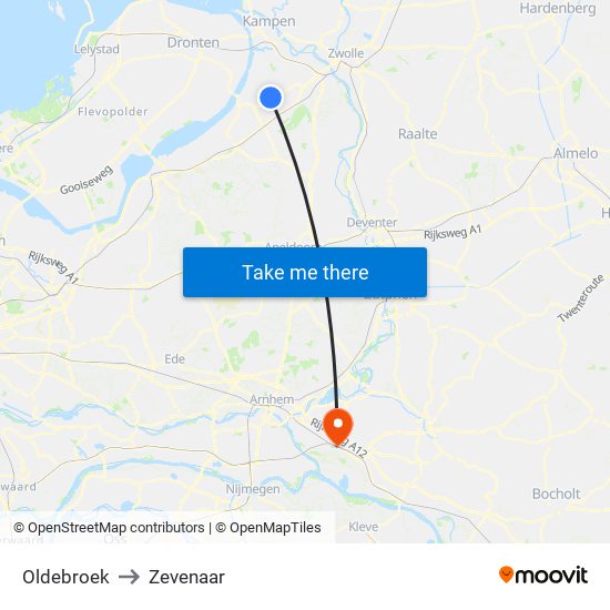 Oldebroek to Zevenaar map