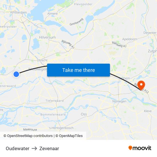 Oudewater to Zevenaar map