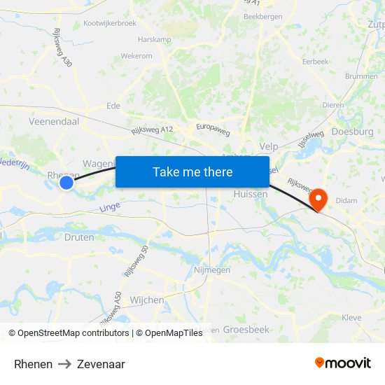 Rhenen to Zevenaar map
