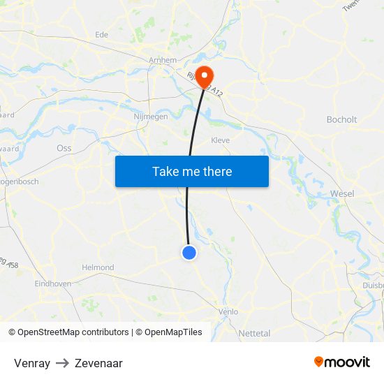 Venray to Zevenaar map