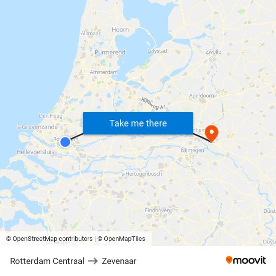 Rotterdam Centraal to Zevenaar map